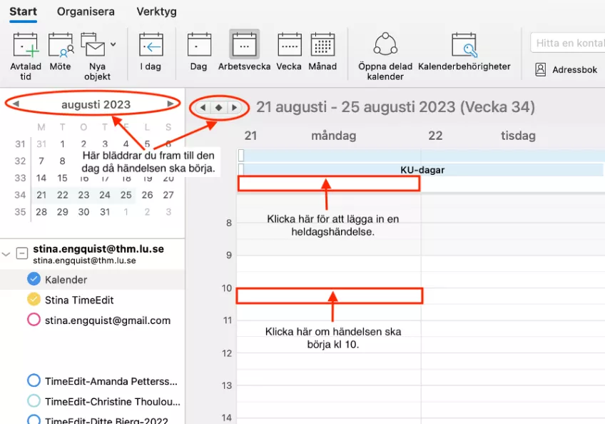 Skärmdump från Outlook kalender: välj mötestid