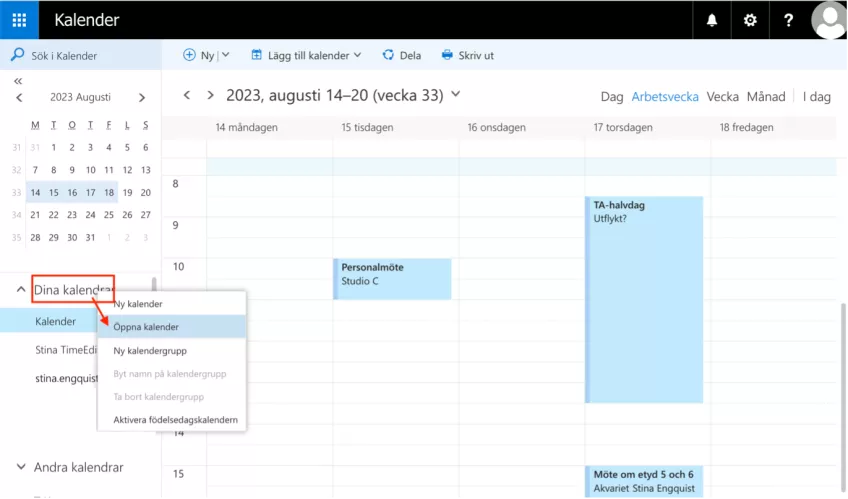 Skärmdump från Outlook webb: öppna en kalender