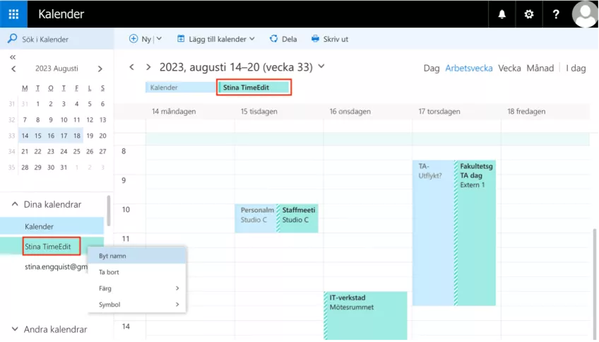 Skärmdump från Outlook webb: byt namn på en kalender
