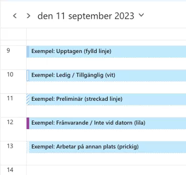 Skärmdump från Outlook kalender: händelsetyper i webbläget