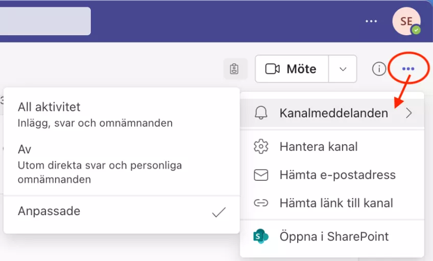 Skärmdump från Teams: meny för Kanalmeddelanden: aviseringsinställningar per kanal