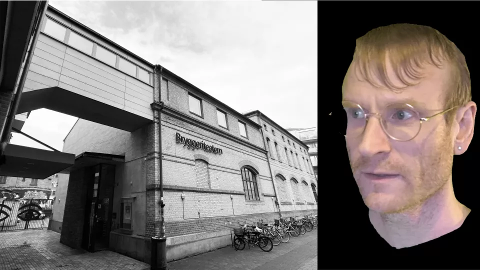 Fasadbild Bryggeriteatern i Malmö och Porträtt Erik Holmström. Fotomontage