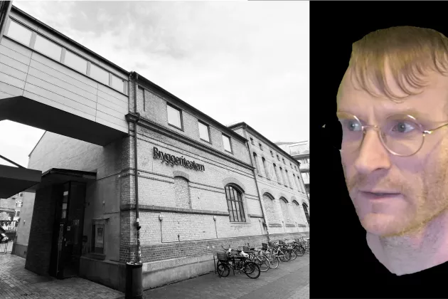 Fasadbild Bryggeriteatern i Malmö och Porträtt Erik Holmström. Fotomontage