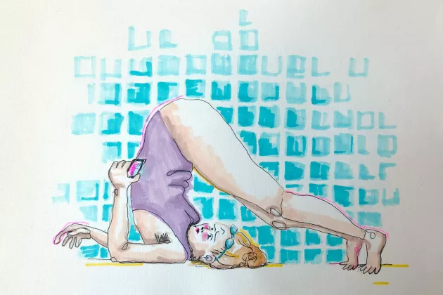 Illustration: en kvinna i baddräkt ligger upp och ned framför en kakelvägg.
