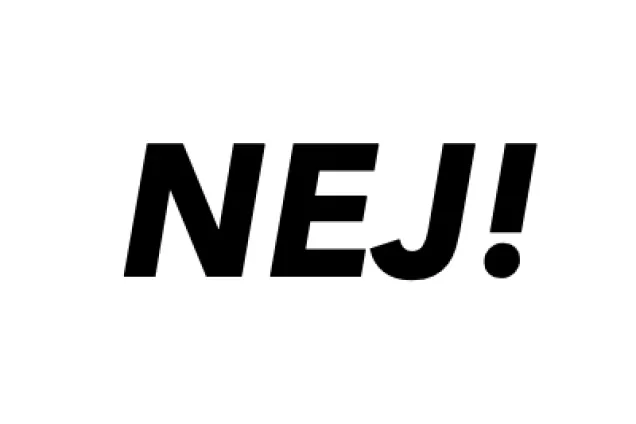 Text: ordet NEJ! i kursiva versaler: svart text mot vit bakgrund.