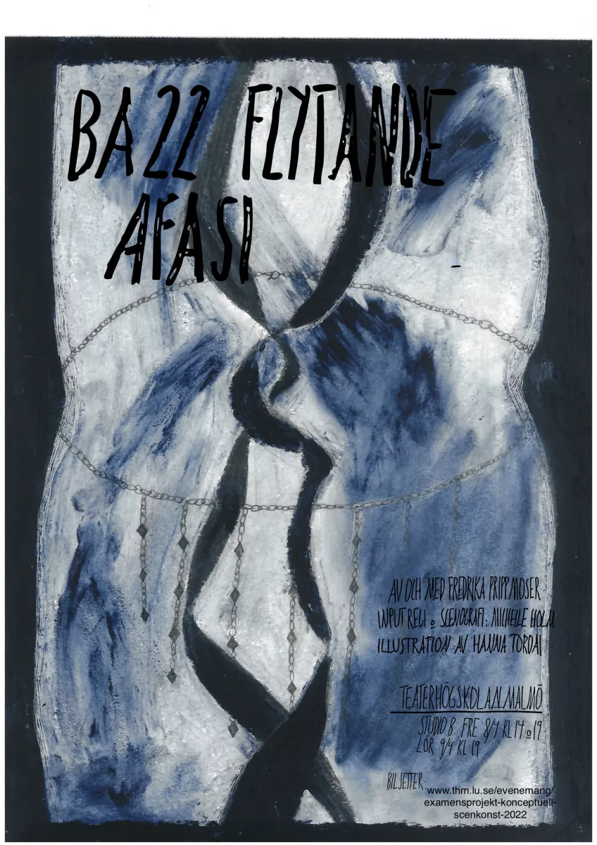 Abstrakt illustration i blått och svart, med titel BA 22 FLYTANDE AFASI i versaler